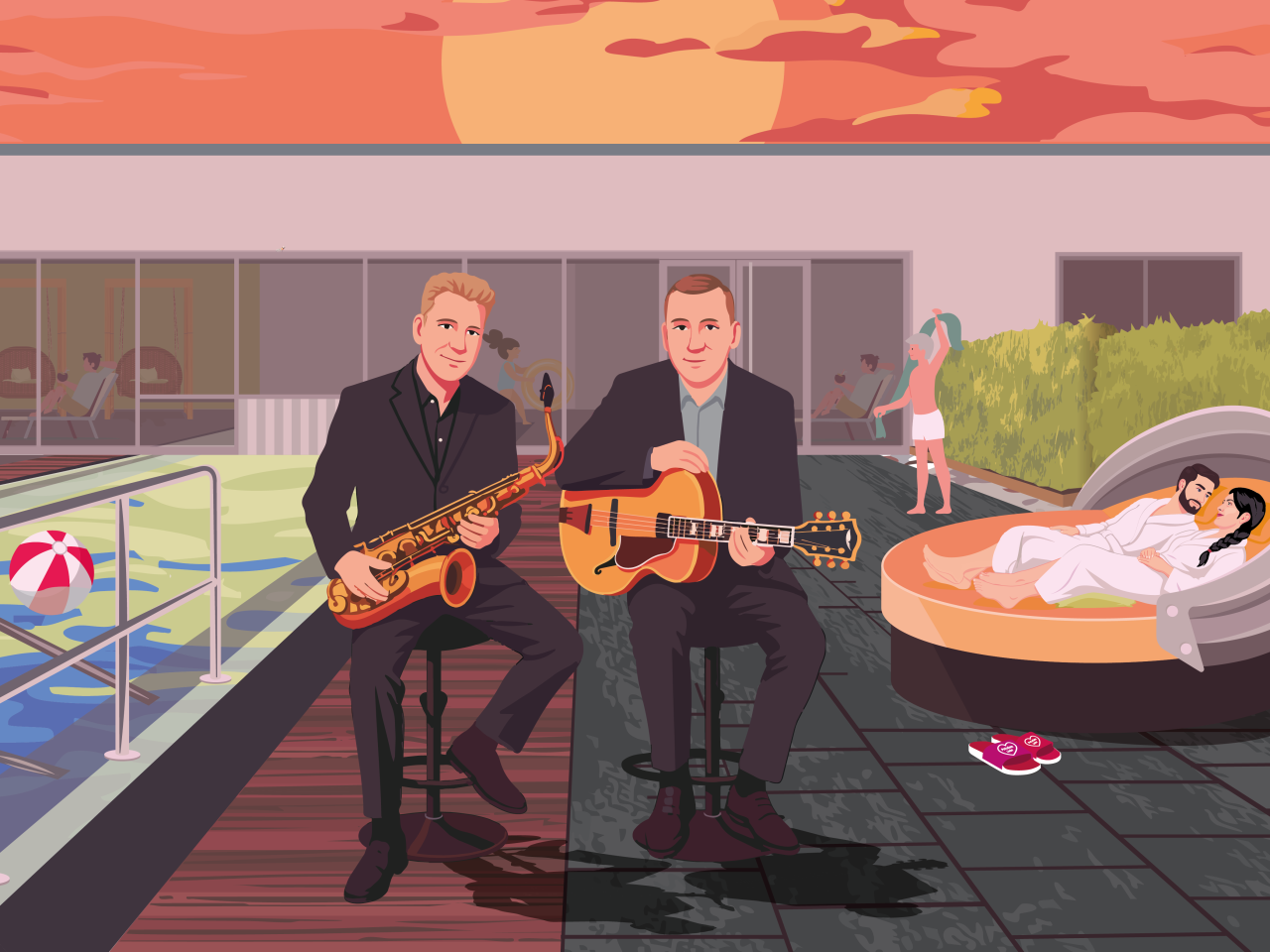 llustration des blu Saunagartens bei Sonnenuntergang: Zwei Personen spielen Saxophon und Gitarre am Pool, daneben entspannen weitere Menschen im Wasser und auf Liegeflächen