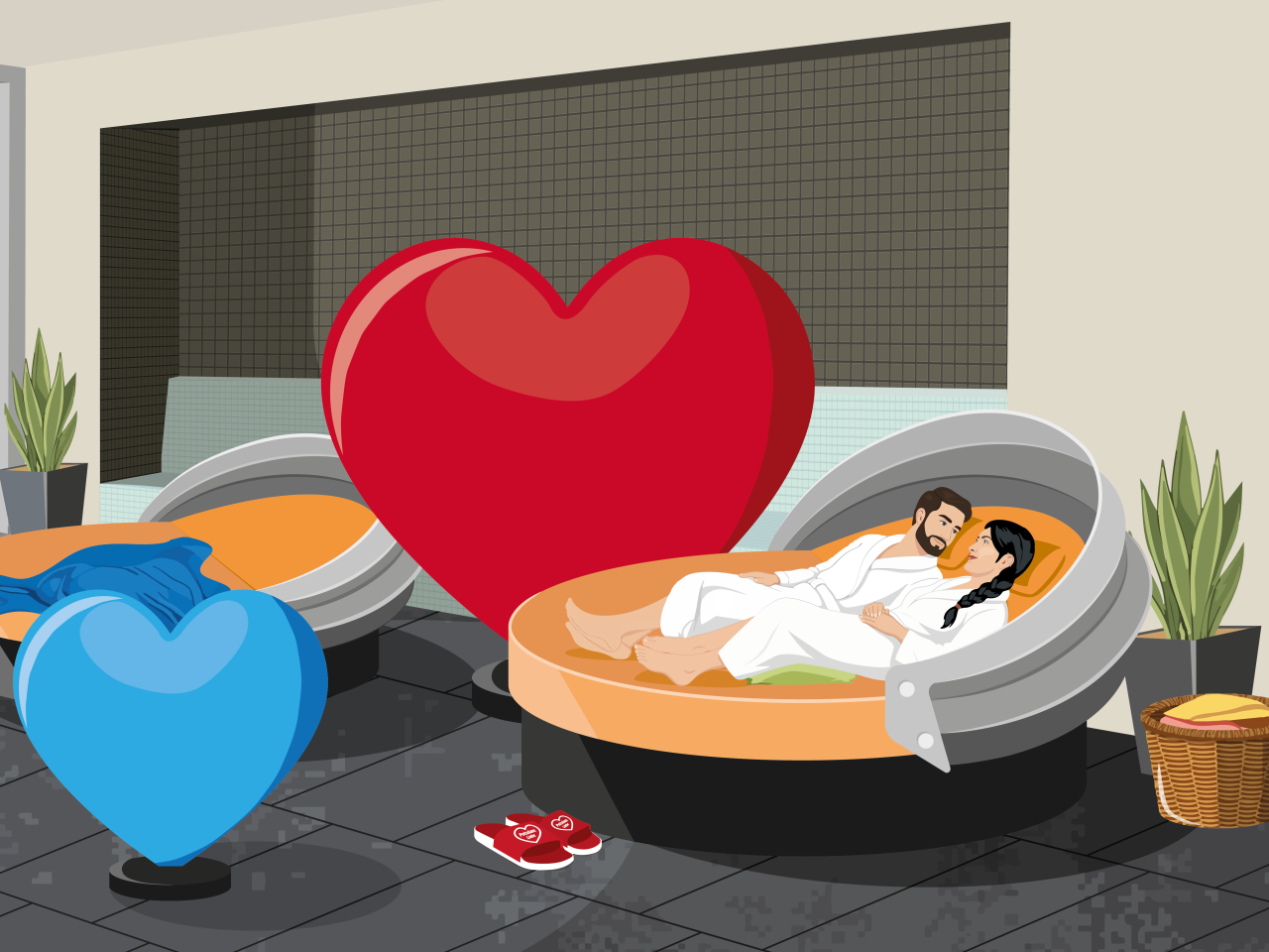 Illustration von einem Pärchen auf einer Saunabank