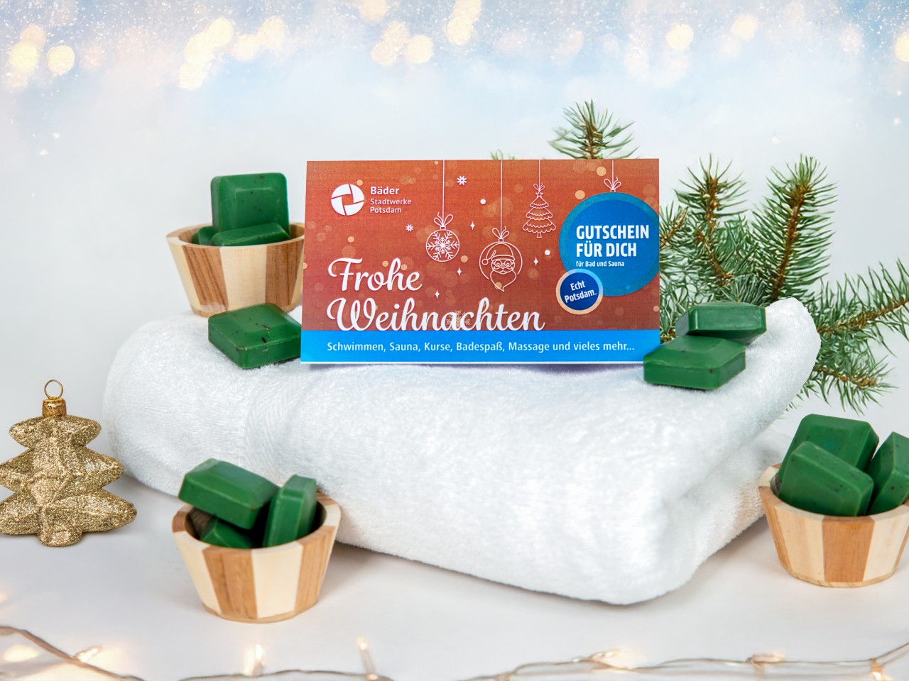 Gutschein der Bäderlandschaft Potsdam mit Weihnachtsmotiv