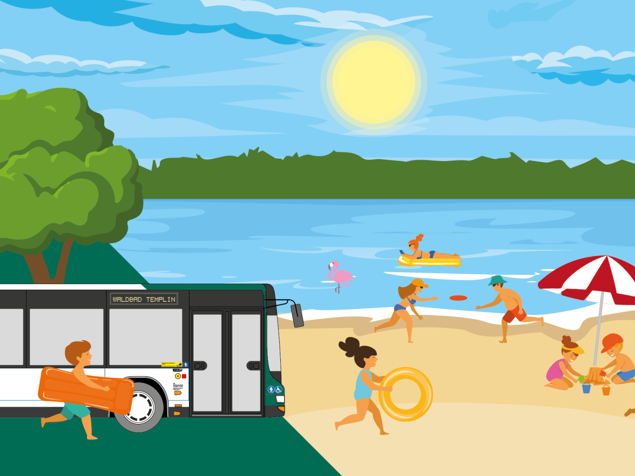 Illustration von Kindern am Strand vom Waldbad Templin und eines Busses