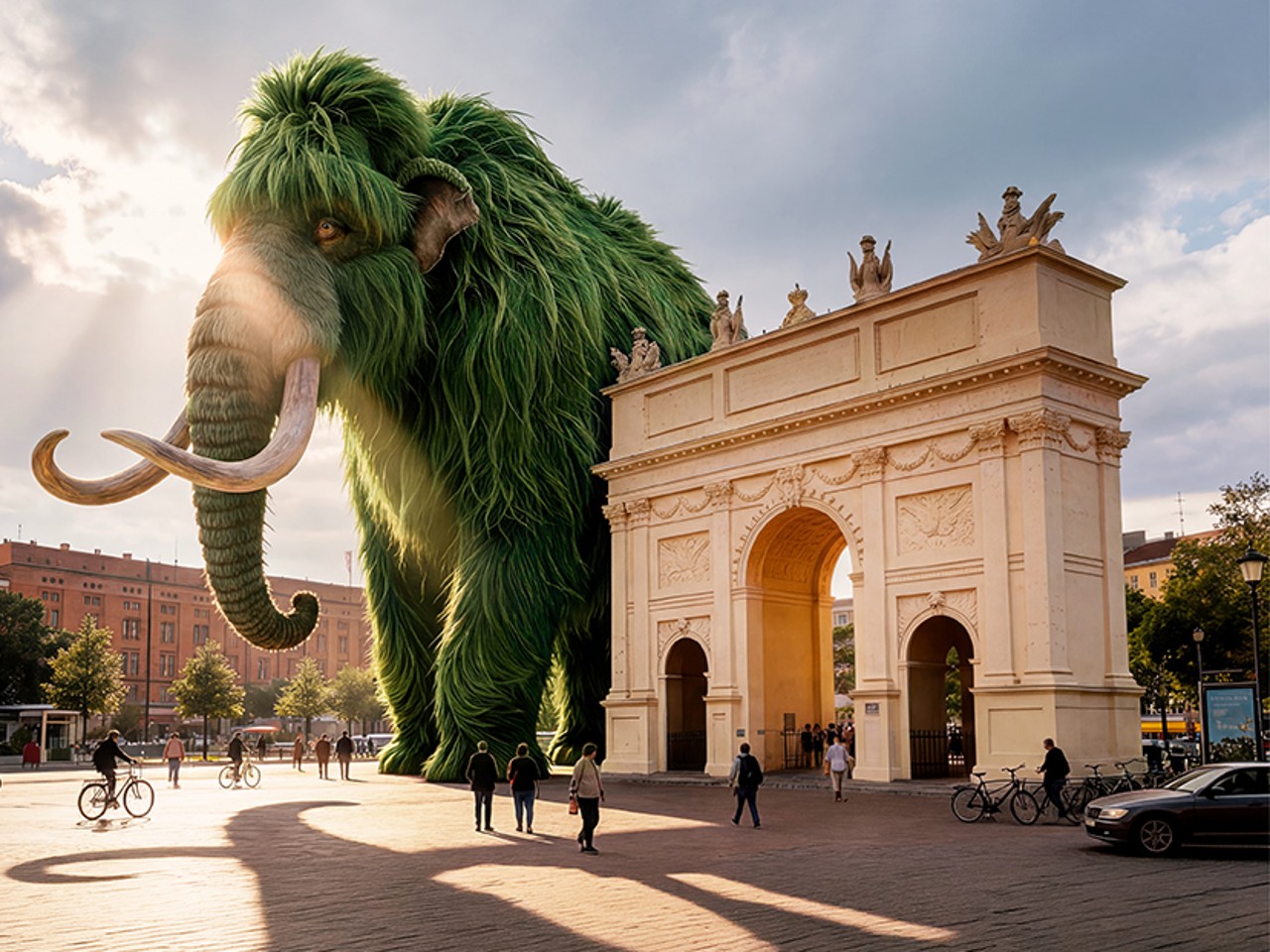 Riesiger grüner Mammut neben dem Brandenburger Tor in Potsdam