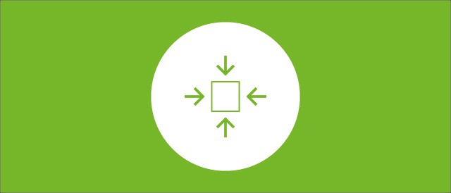 Runder weißer Kreis mit einem Quadrat in der Mitte auf den vier Pfeile zeigen als Icon auf grünem Hintergrund