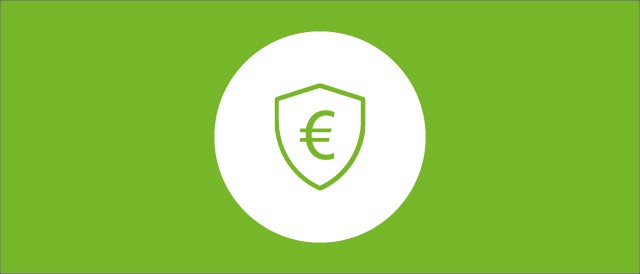 Runder weißer Kreis mit einem Schutzschild und Eurozeichen als Icon auf grünem Hintergrund