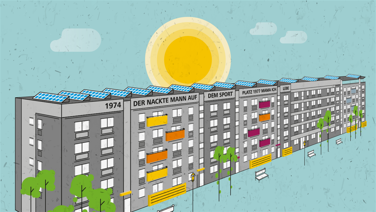 Illustration Wohngebäude Gartenstadt Drewitz mit Solaranlage auf dem Dach