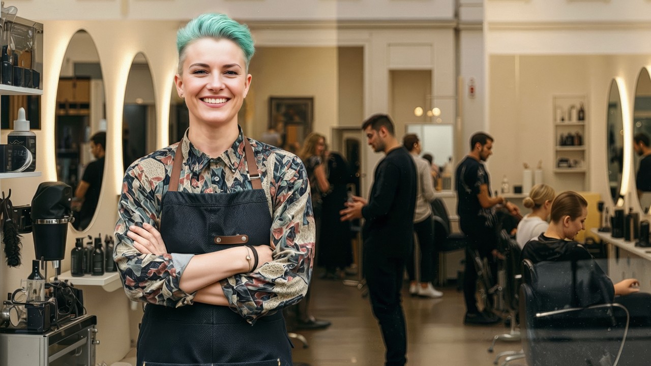 Frau mit kurzem grünen Haaren steht draußen vor der Glasfront ihres Friseursalons