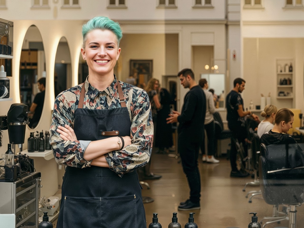 Frau mit kurzem grünen Haaren steht draußen vor der Glasfront ihres Friseursalons