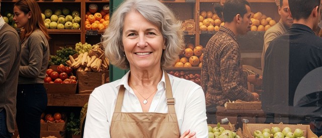 Ältere Frau mit gauem Haar steht lächelnd vor ihrem Regioladen