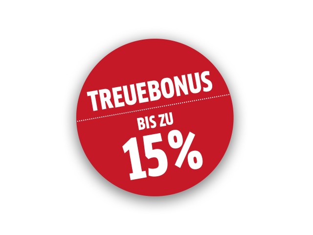 Roter Kreis mit der Schrift Treuebonus bis zu 15 %