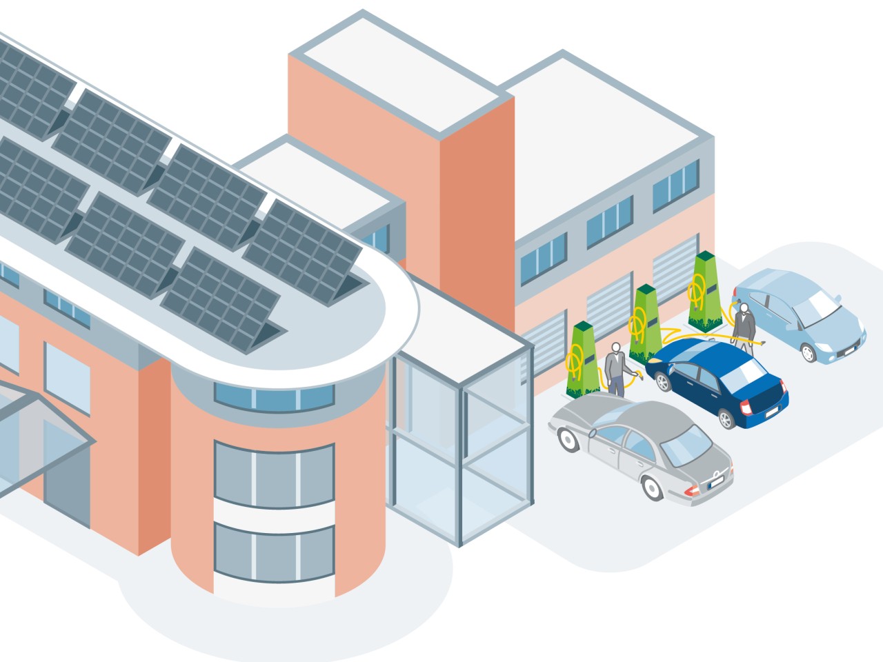Schematische Darstellung, Photovoltaik auf dem Dach, Elektroautos vor dem Haus an E-Ladesäulen