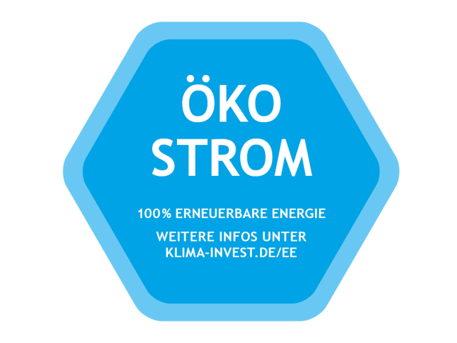Blaues sechseckiges Label von KlimaInvest mit der Aufschrift