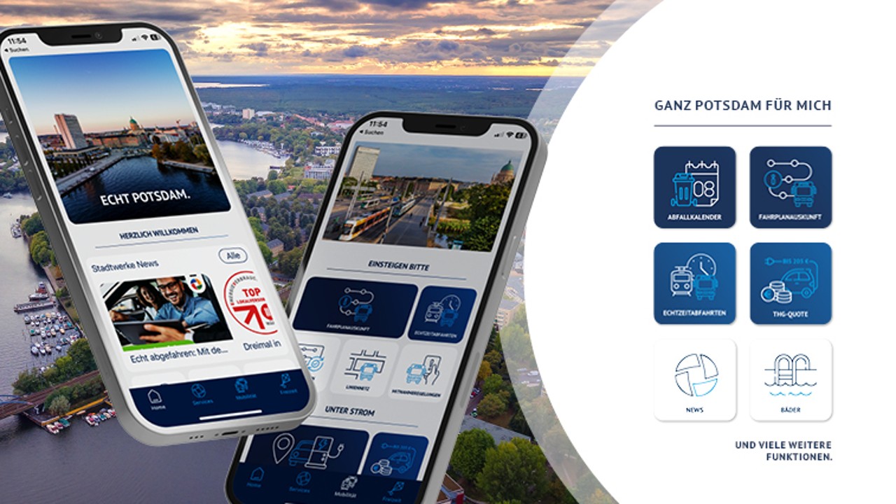 Die Echt Potsdamapp auf zwei Handys, vor einem Luftbild der Stadt, daneben 4 Vorteile der neuen App: Abfallkalender, Fahrplanauskunft, Echtzeitabfahrten und THG-Quote