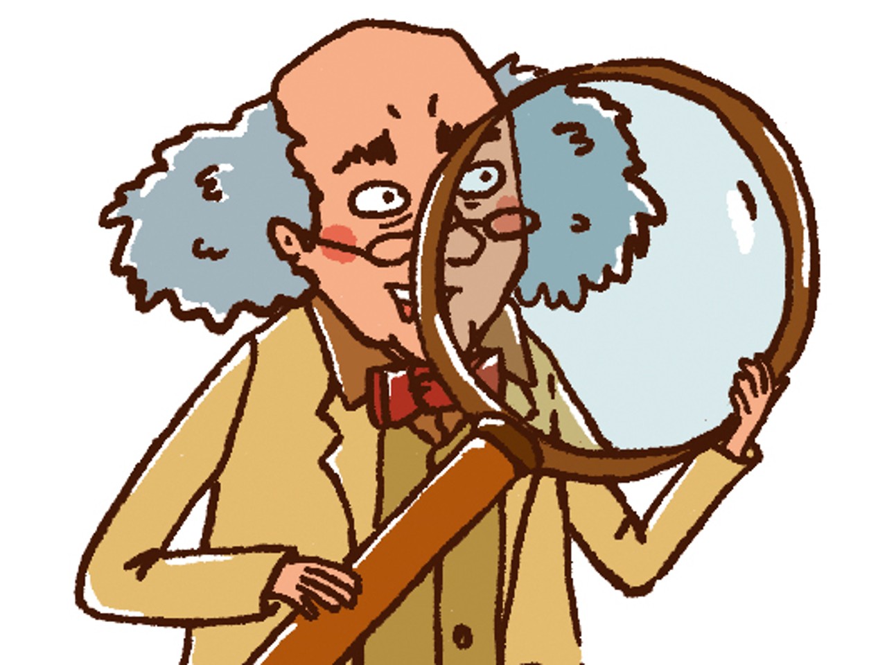 Comicdarstellung eines alten Professors mit übergroßer Lupe