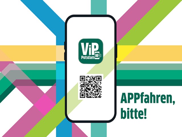Smartphone mit ViP-Potsdam-App und QR-Code vor farbigem Linienmuster. Daneben der Schriftzug „APPfahren, bitte!“