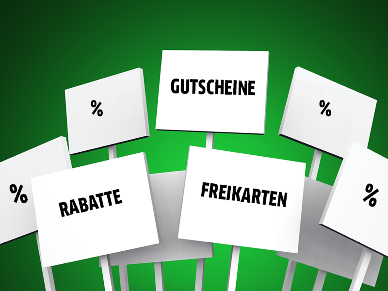 verschiedene Schilder auf denen Prozentzeichen und das Wort Rabatt stehen